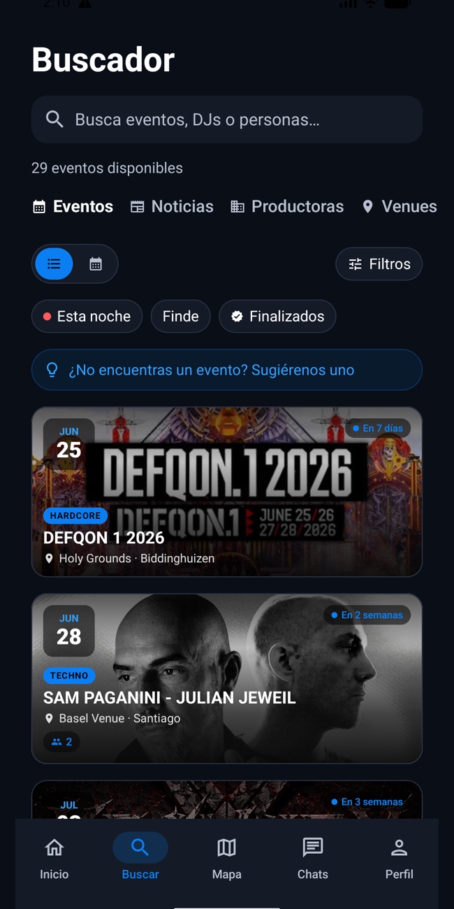 Cartelera de eventos en RaveMe